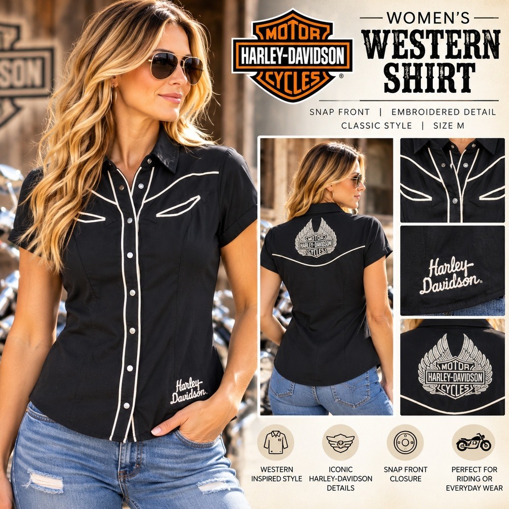 Harley-Davidson Womens Black Western Snap Front Embroidered Wing Logo Shirt M